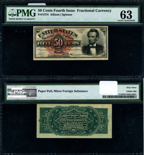 FR. 1374 50 c. 4th Issue Fractional Note LINCOLN Choice PMG CU63 - Afbeelding 1 van 3