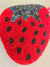 Vibrant Red Strawberry Beaded Wristlet Coin Purse Zipper Lined EUC