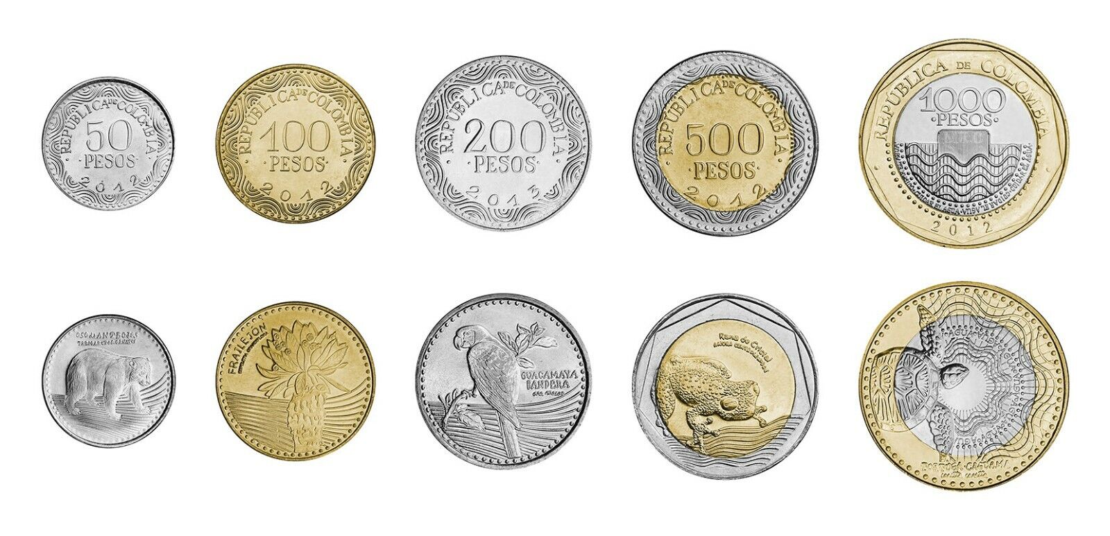 Colombia 5 PCS Coin Set 50 100 200 500 1000 Pesos 2013 - 2015 UNC BIMETAL
