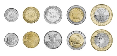 Colombia 5 PCS Coin Set 50 100 200 500 1000 Pesos 2012 2015 2016 UNC BIMETAL