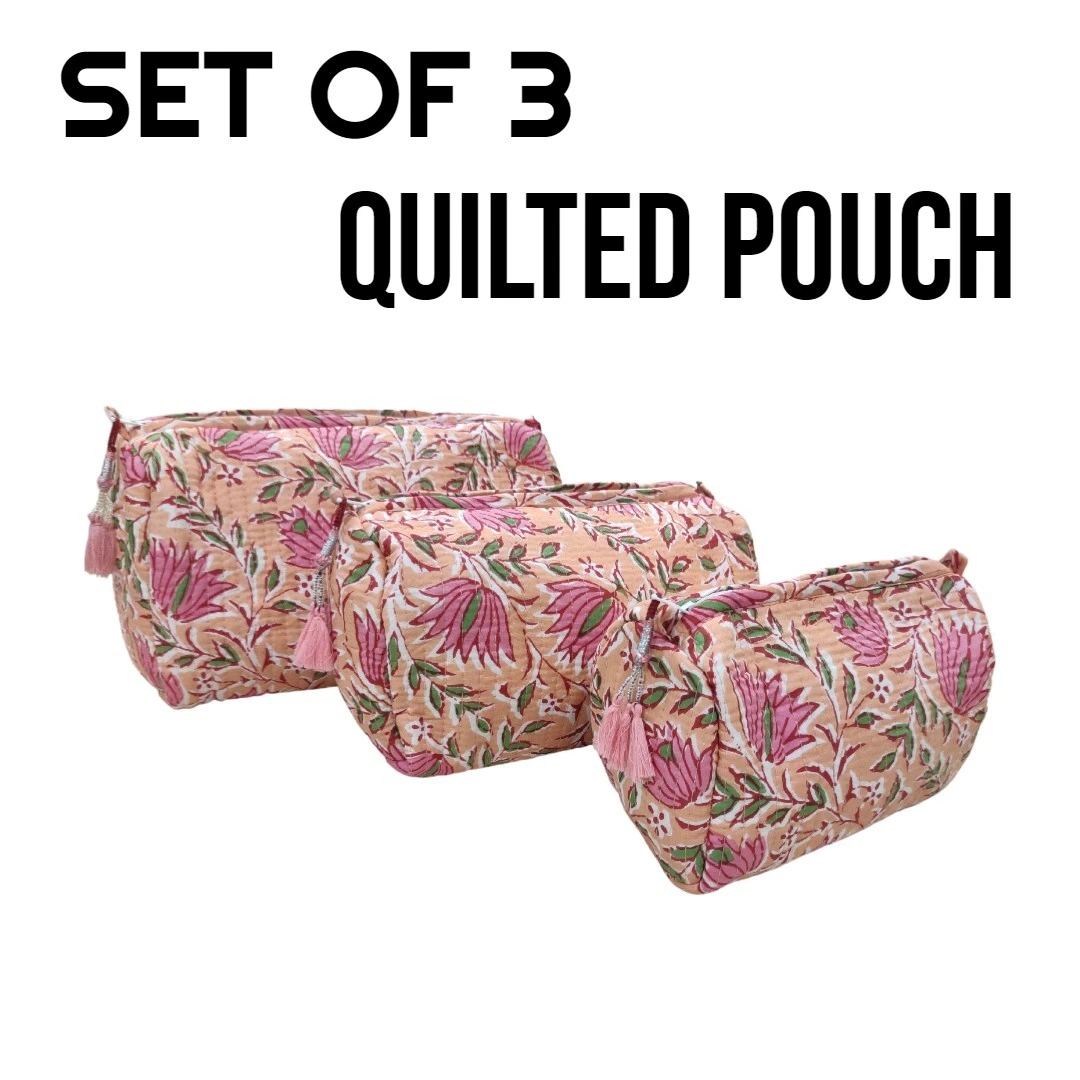 Cotton Pink Floral Quilted Toiletry Bag Indian Unisex Makeup Bags 3 Pcs. Set US