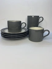 Vintage THE CELLAR Macy’s Cups  And Saucers (4) Gray, White W/ Brown Stripe