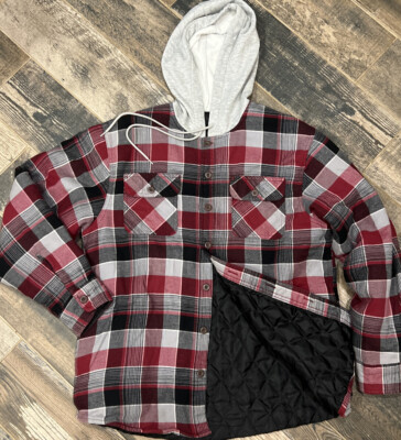 Wrangler Red Plaid Hooded Quilted Lined Flannel Shirt Jacket Shacket  ZHEEP2R M