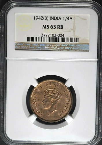 India British 1942(B) 1/4 Anna NGC MS63RB Certified