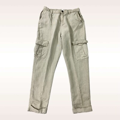 Nicole Miller Pants Womens L Khaki Cargo Cuffed Linen Blend