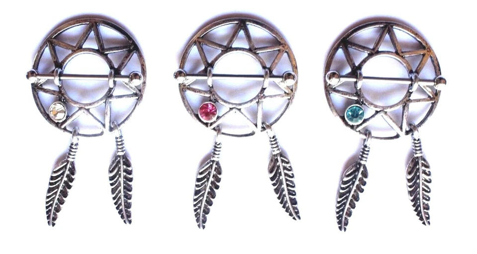 Star Feather Dream catcher Drop Nipple shield Ring Bar Pierced Piercing Jewelry - Image 2 of 2