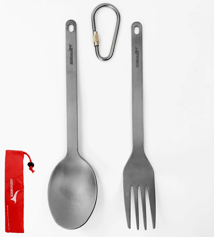 Tenedor cuchara titanio puro 2 en 1 mochilero con bolsa 210T Foto 2 de 4