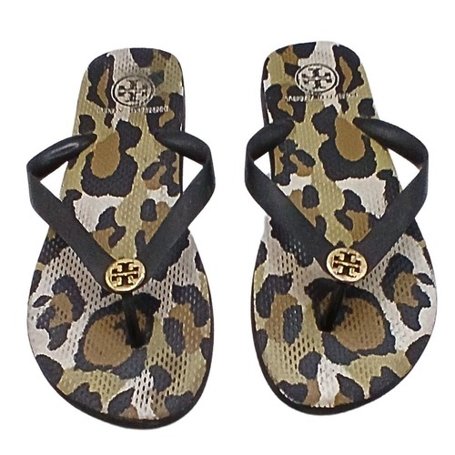 Tory Burch Flip Flops Womens 8 Black Gold Leopard Print Rubber Sandal Logo