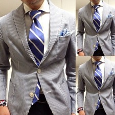 Navy Seersucker Men's Suits Casual Formal Blazer 2 Pieces Wedding Summer Tuxedos
