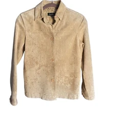 True Grit Size XS 100% Leather Tan Button Front Shirt Jacket Embellished