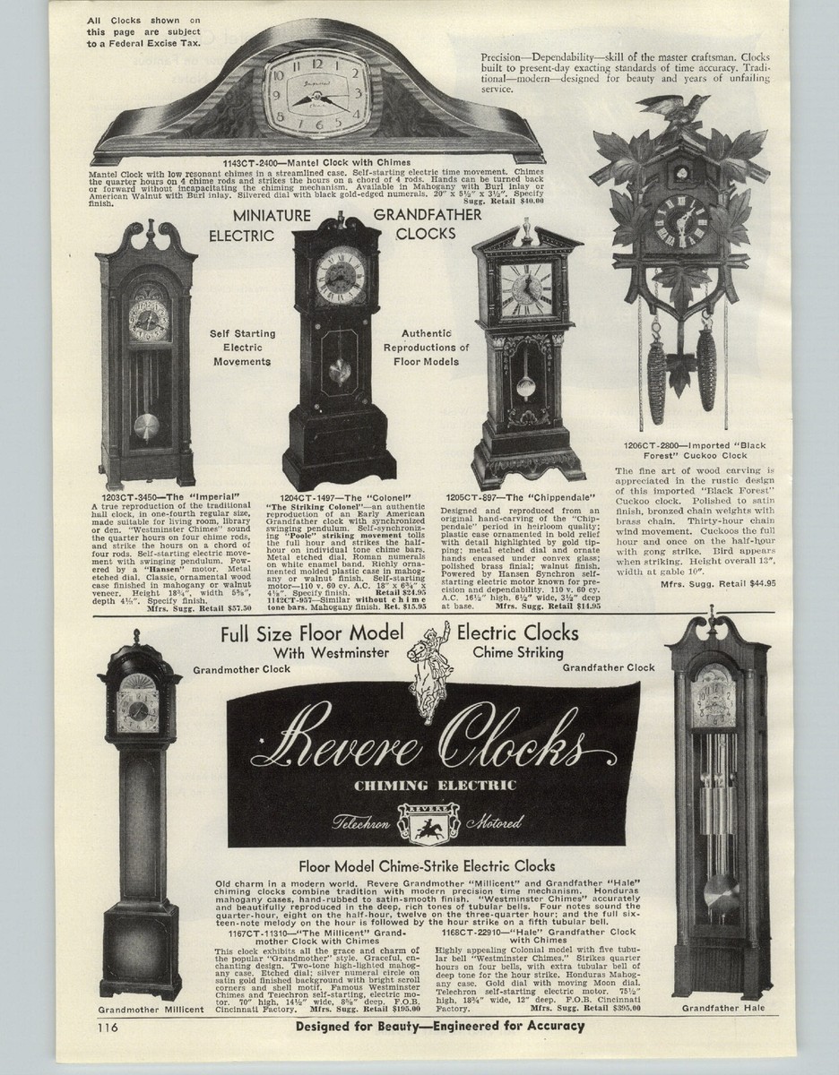 1950 PAPER AD Revere Chiming Electric Clocks Mantel Mini