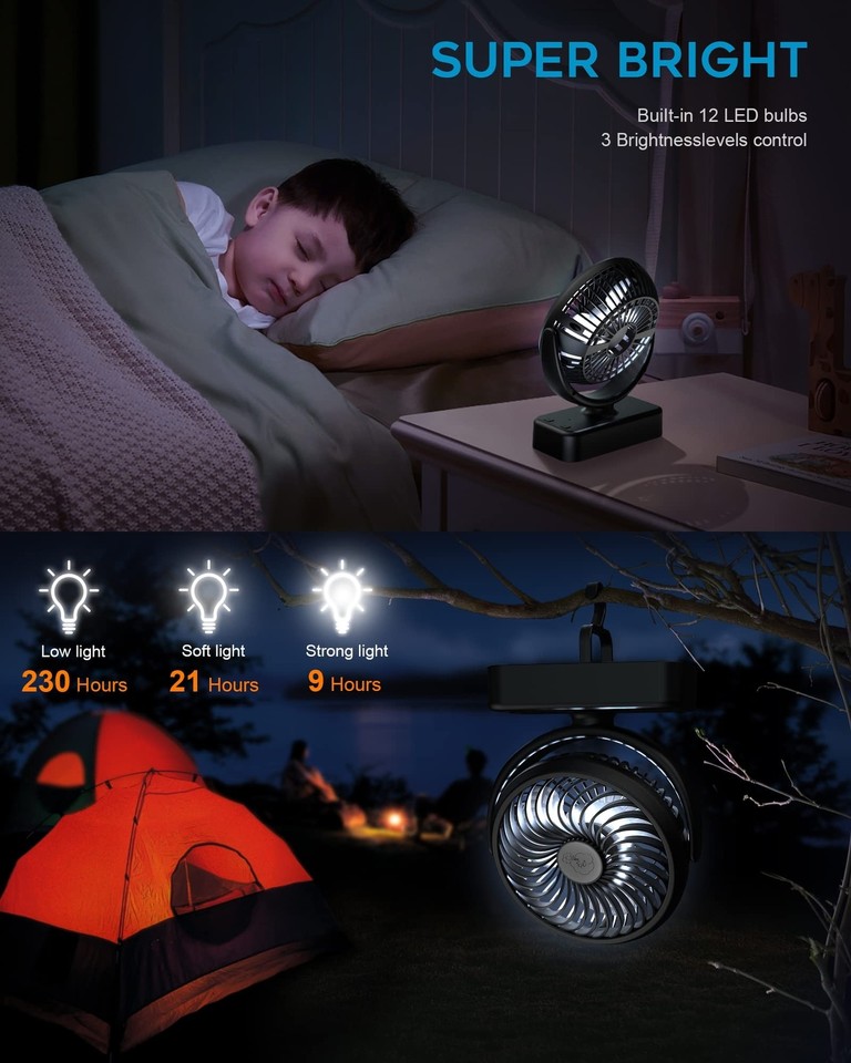 Portable Camping Fan, Small Tent Fan with Hanging Hook, 40 Working