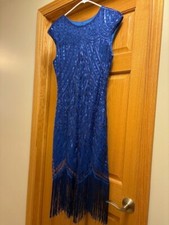 Great Gatsby Flapper Dress Blue Beaded Sheath Overlay Fringe Roaring 20s