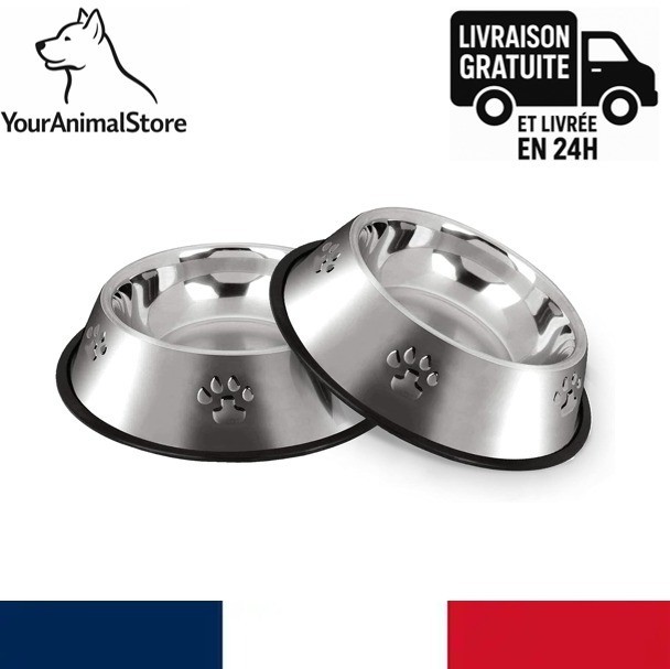 Gamelles pour chien en acier inoxydable antidérapantes de 22 cm | Lot de 2