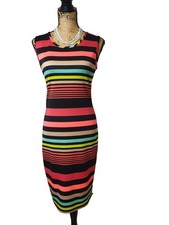 Womens L Sleeveless Bodycon Dress Striped Zip Midi Office Club Evening Glam PINC