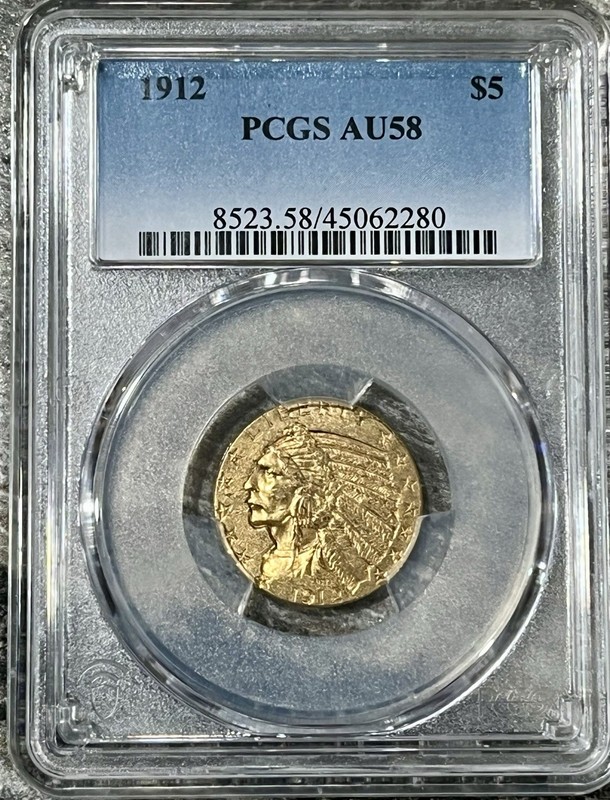 1912 $5 Five Dollar Indian Head Gold Half Eagle PCGS AU 58 $1280 Price Guide!!