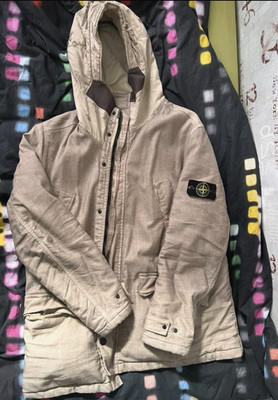 Stone Island Herren Daunenjacke 2XL Beige mit Kapuze wasserabstoßend Logo