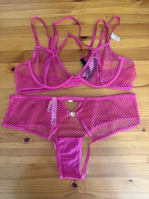 Med VICTORIA'S SECRET Low Cut Demi BRA V-STRING Panty Set Pink Fishnet Open Cup