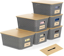6 Pack Plastic Storage Baskets,Gray Bamboo Lid Storage Box