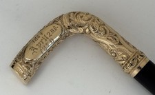 FINEST ANTIQUE WALKING CANE STICK ORNATE GOLD FILLED HANDLE EBONY WOOD SHAFT 19c