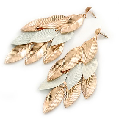 Lange gold/weiß strukturierte Blatt Chandelier Ohrringe in goldfarben - 11 cm L