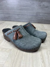 Dansko Shannon Clogs Mules Size 38 US 7.5-8 Tassels Blue Snake Leather Slip On
