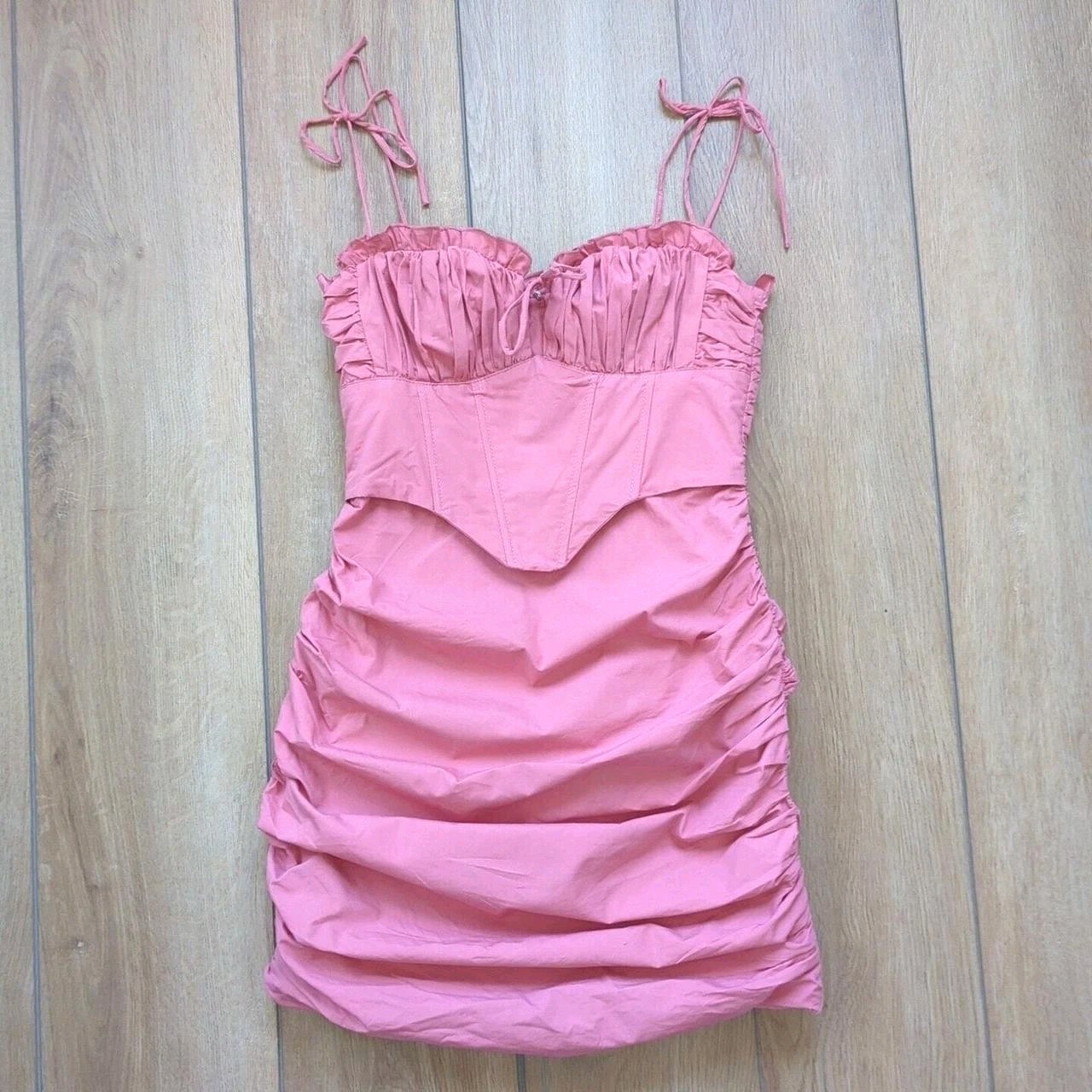 White Fox Dress Pink Strappy Corset Mini Party Club Party Sz S Rouched Basque 