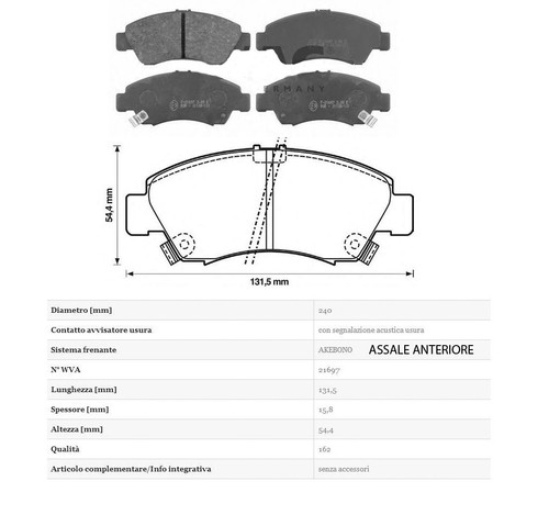 KIT 4 PASTIGLIE FRENO ANTERIORE HONDA Jazz II 1.2 i-DSi 57KW DAL 2002 -> 600 - Foto 3 di 3