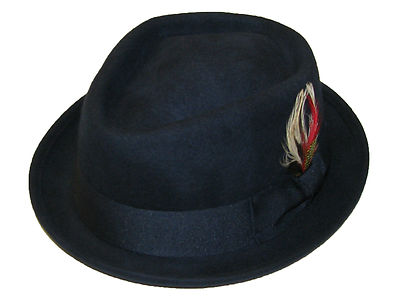 Faltbarer marineblauer Diamant Krone Pork Pie Trilby Hut mit passendem Band 100 % Wolle