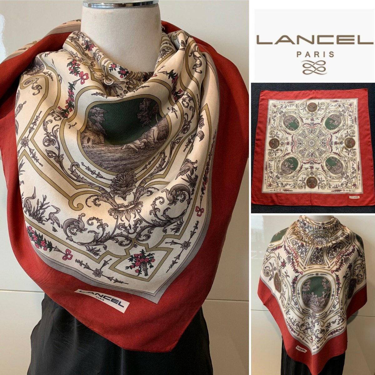 LANCEL paris スカーフ　大判　薄手　レトロ LANCEL Paris Silk Twill Vintage Art Foulard Red,Ivory Scarf