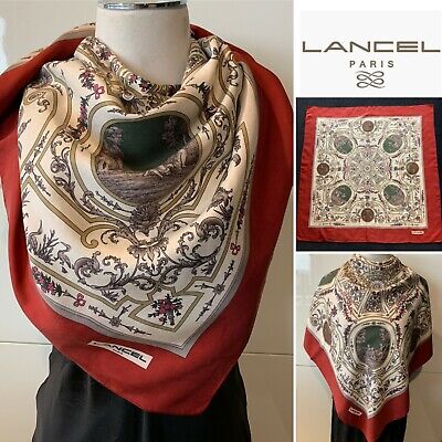 LANCEL Paris Silk Twill Vintage Art Foulard Red,Ivory Scarf 86x86cm  Handroll Hem | eBay