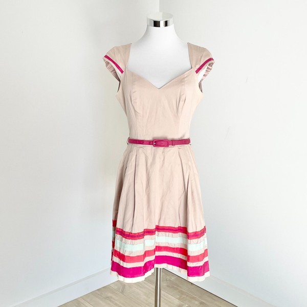 Review Belted Mini Dress Cap Sleeve Fit & Flare Lined Striped Cream Pink Size 10