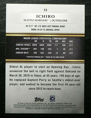 2019 TOPPS Gold Label Baseball BLACK Class 2 #55 Ichiro Seattle Mariners - Picture 2 of 2