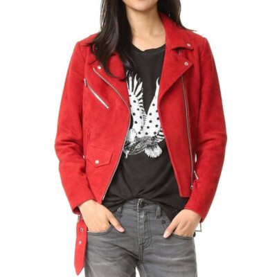 Brand New Women's Authentic Sheepskin Suede Leather Jacket Red Biker Zipper