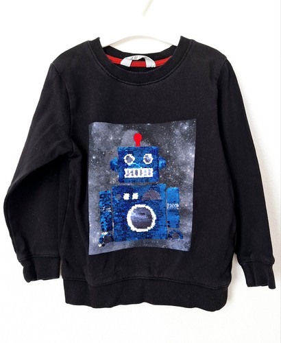 H&M Jungen Pullover Schwarz Blau Silber Roboter 104 Pailletten