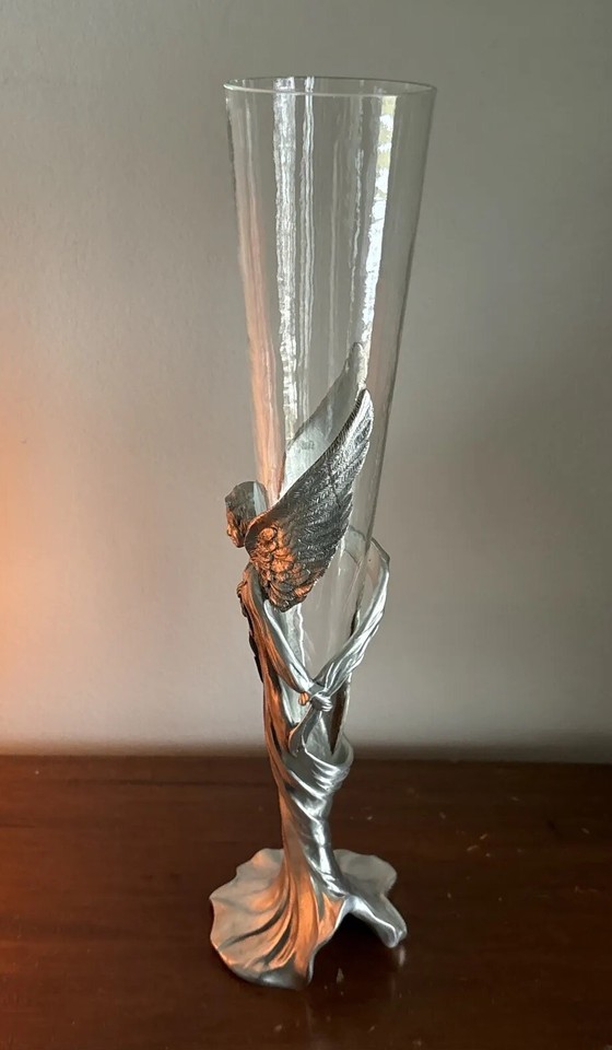 Angel Bud Vase Pewter with Glass Insert Seagull Canada Vintage 11” Tall