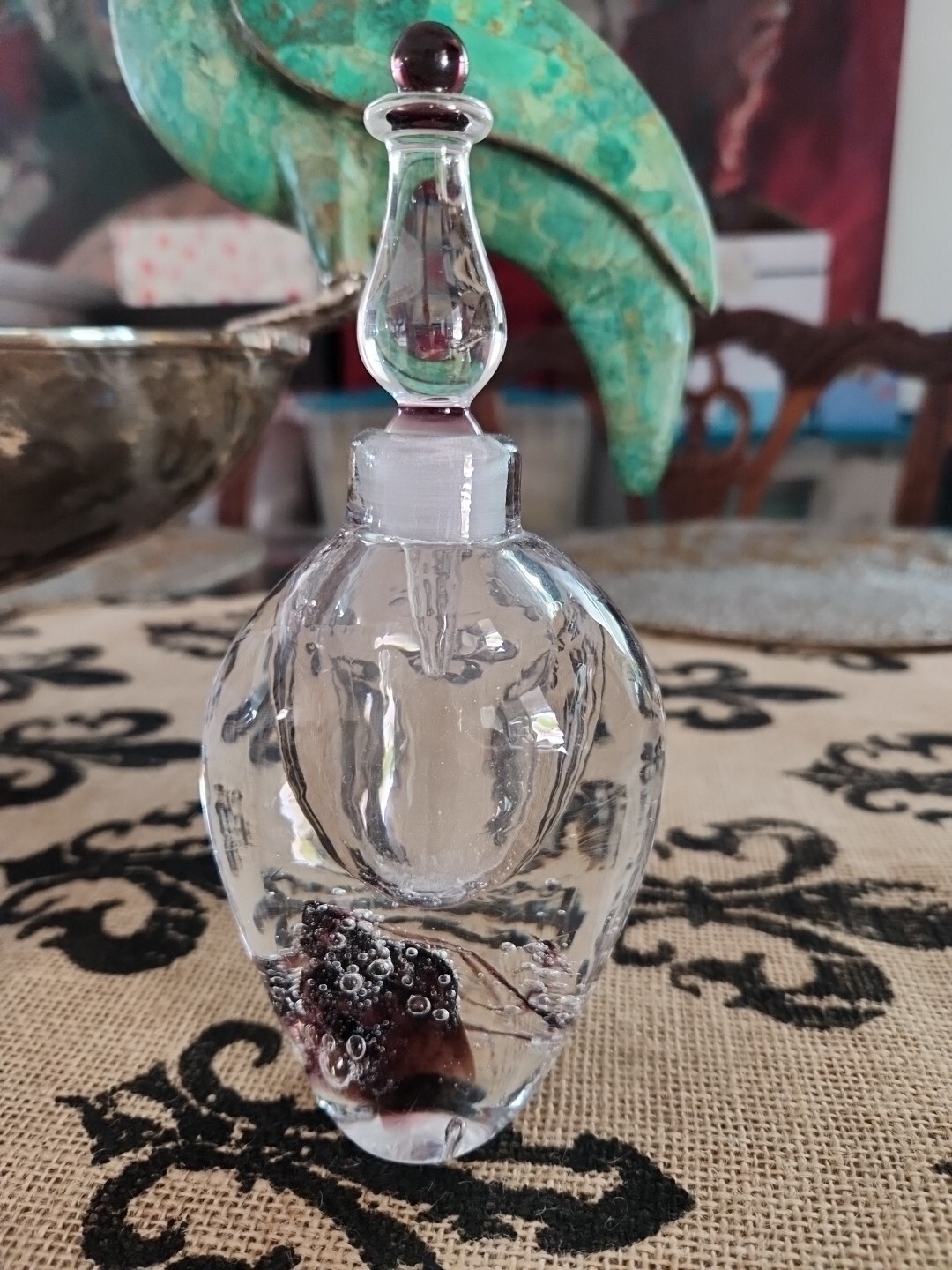 Art Glass Perfume Bottle Clear Purple Hand Blown Dauber Stop