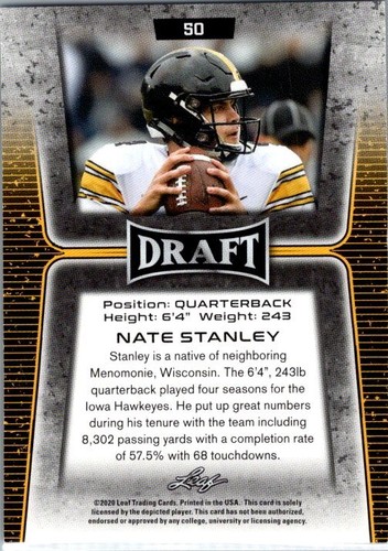 2020 Leaf Draft #50 Nate Stanley Red - Picture 2 of 2