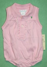 Ralph Lauren Girls Layette Pink smooth One piece Ruffle green LOGO Cream Buttons