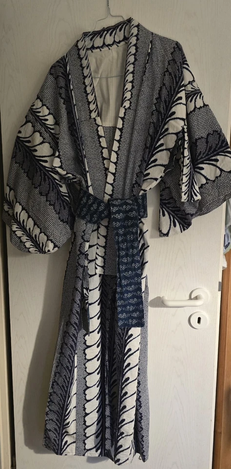 Damen Kimono Bade-/Morgenmantel Baumwolle blau/weiß Blumen Langarm Gürtel - Bild 4 von 4