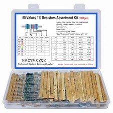 1000 Pcs 50 Values 1/4W Metal Film Resistor Assortment Kit, 0.25W 1 Tolerance 