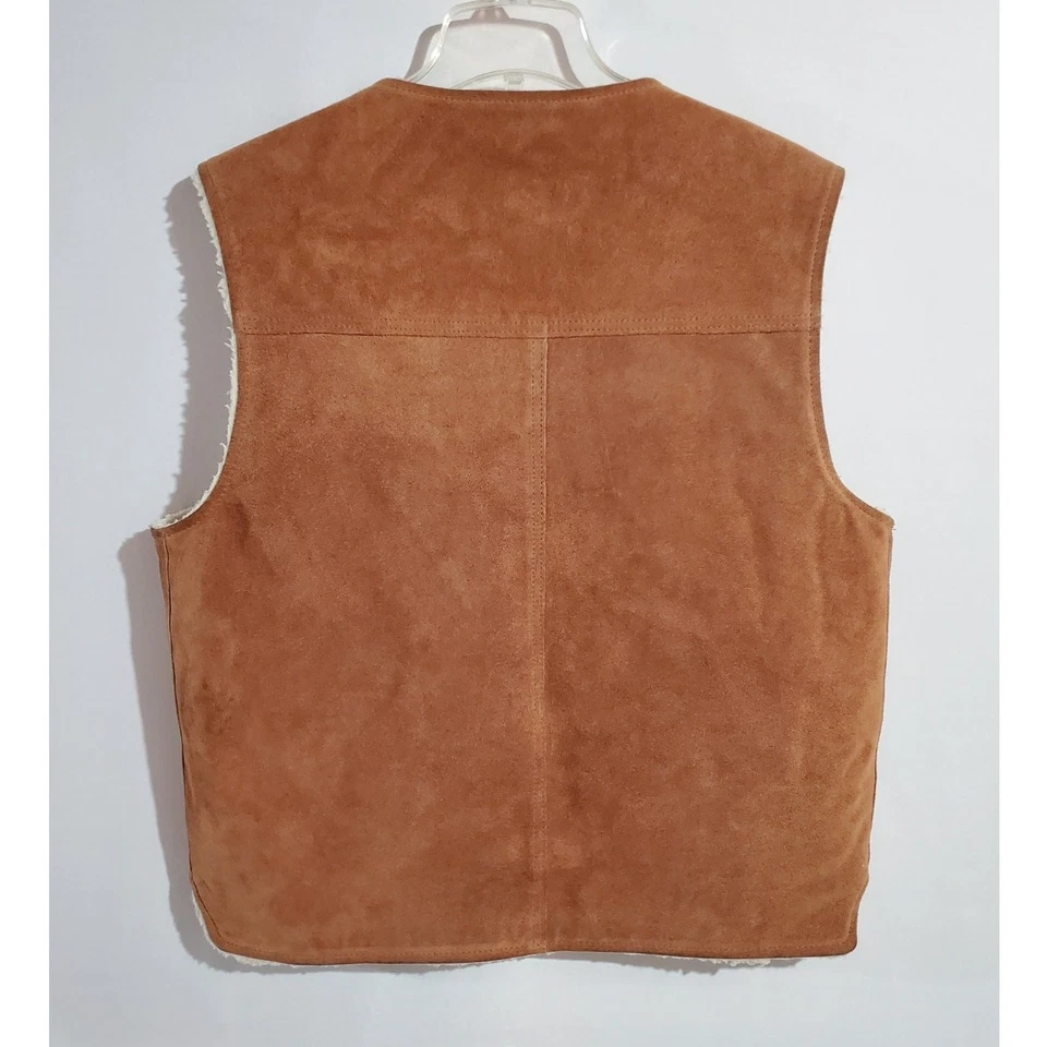 Vtg Sears Fieldmaster Suede Sherpa Fleece Lined Snap Vest Mens L Brown Pockets - Image 2 of 4