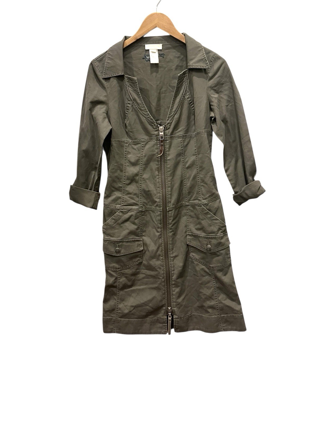 DIESEL Grey Zip Front Leather Pull Fitted Utility Military Style Dress Large