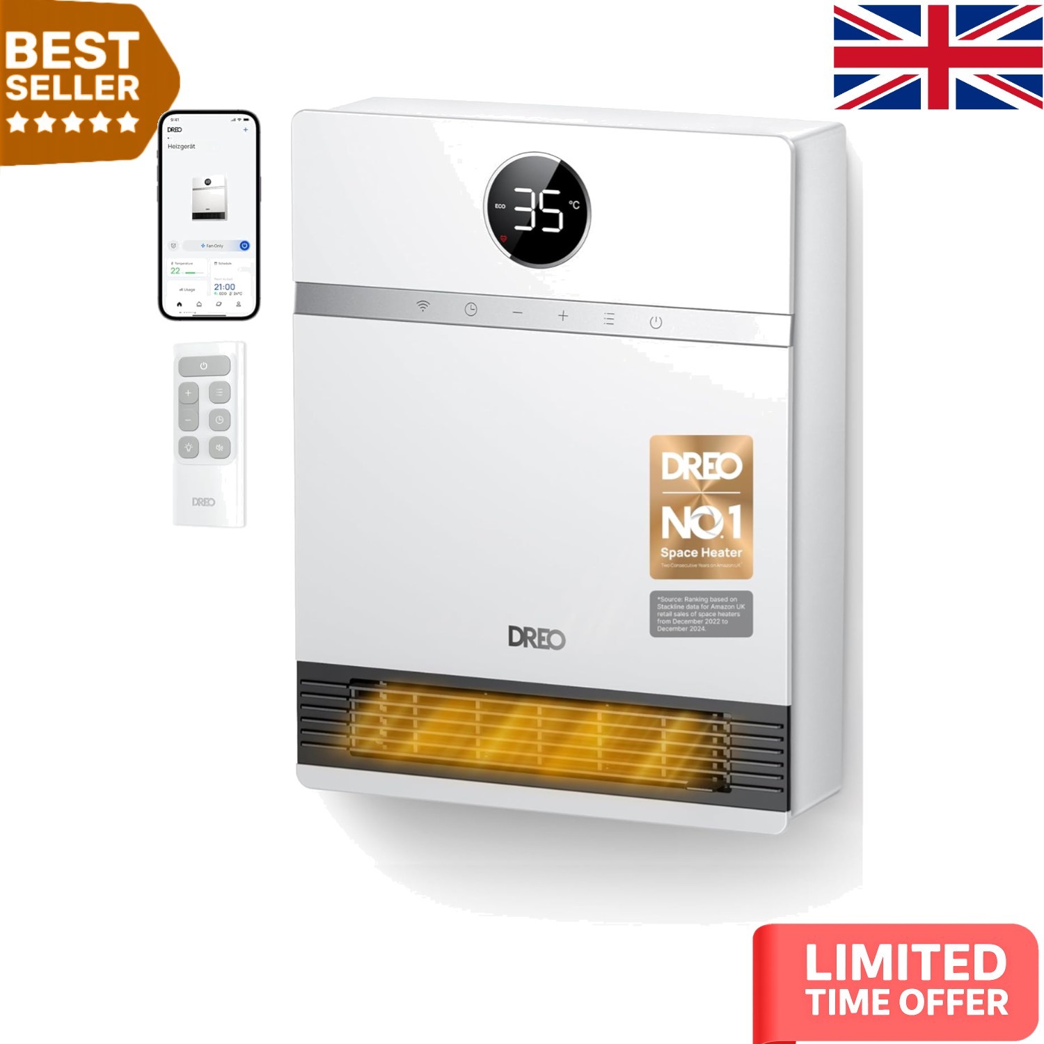 Safety Rated Electric Wall Heater - 1500W, Remote Control & Adjustable Heat