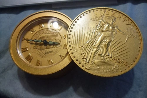 BULOVA WALKING LADY LIBERTY 20 DOLLAR STACK OF COINS ALARM CLOCK.NICE