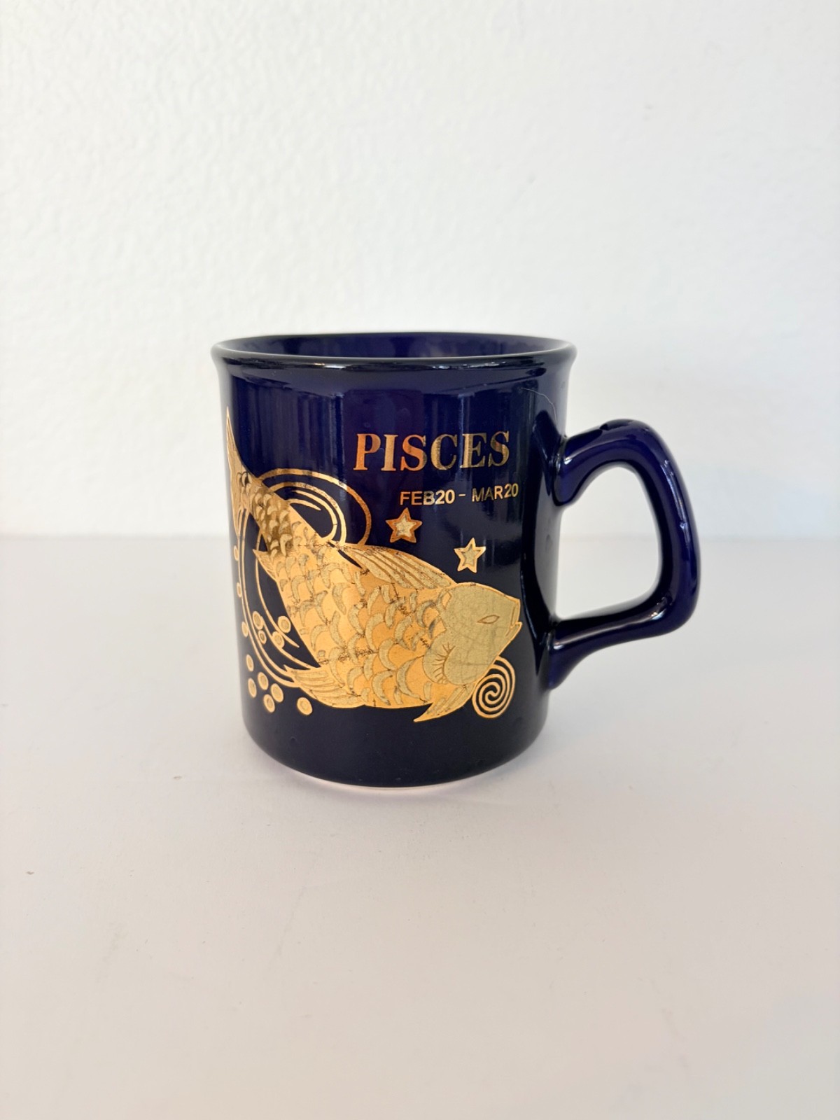 Vintage Pisces Zodiac Mug Cobalt Blue Gold Astrology Coffee Cup Ceramic