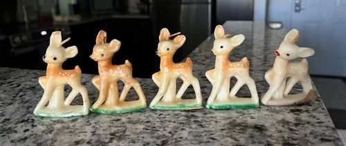 Vtg 5 Gurley FAWN/DEER (One Rudolph) Candles 3" x 2" - product listing photo