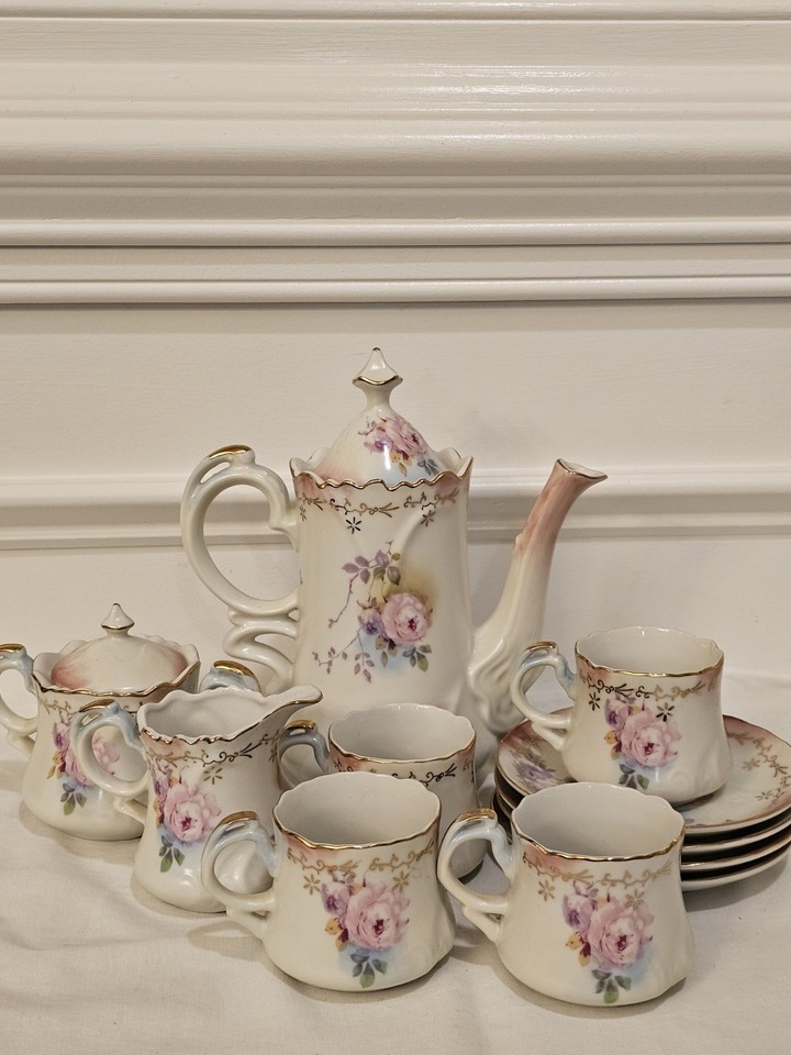 Antique RS Prussia Porcelain Tea Set Roses Gold Trim Teapot Cups Cream ...