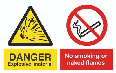 Gefahr Mehrfachschild - Sprengstoff - keine Flammen - 1,2 mm Hart-PVC - A5 A4