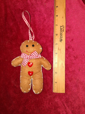 Vintage Handmade Gingerbread Man Ornament - Padded Fabric & Felt